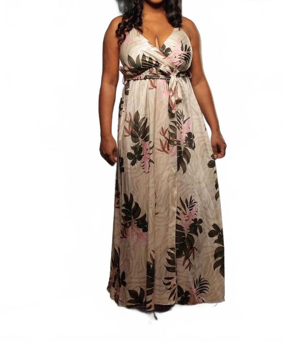 NEW I TOO floral satin maxi dress in beige